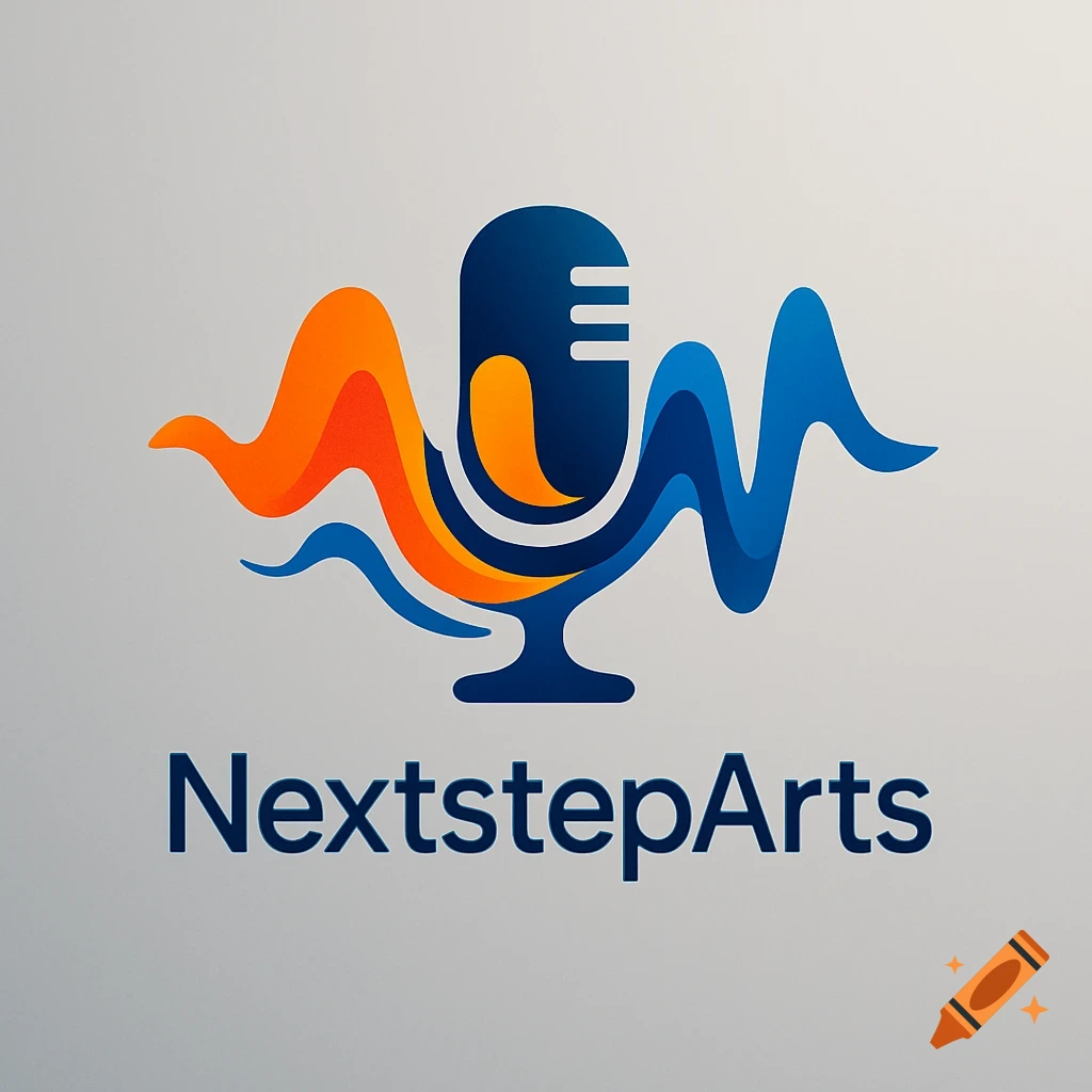 A modern logo featuring a dark blue microphone with vibrant orange and blue sound wave elements, and the text "NextstepArts" below it on a light gray background.