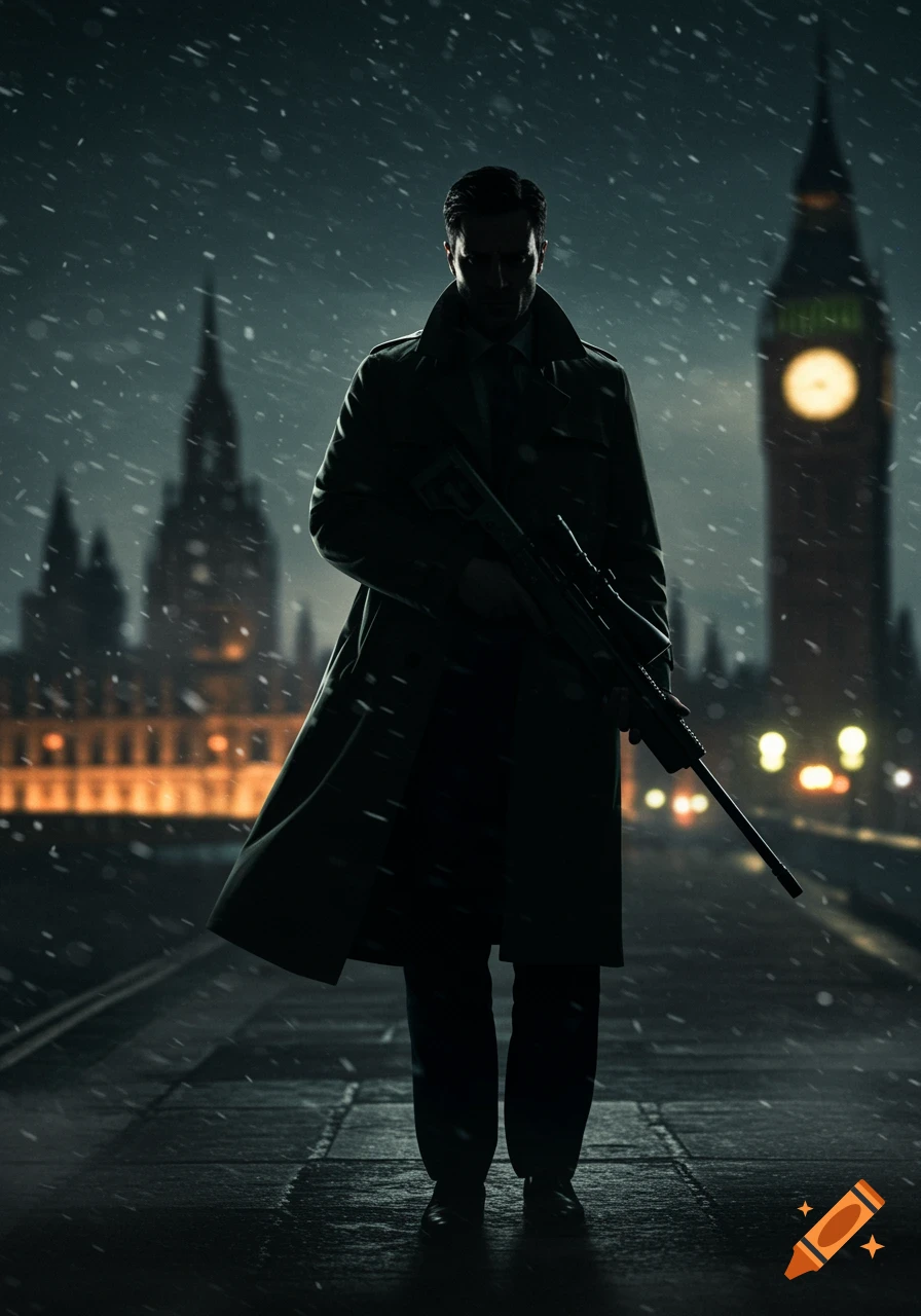 A man in a trench coat and silhouette holds a sniper rifle on a snowy London night, with Big Ben in the background.