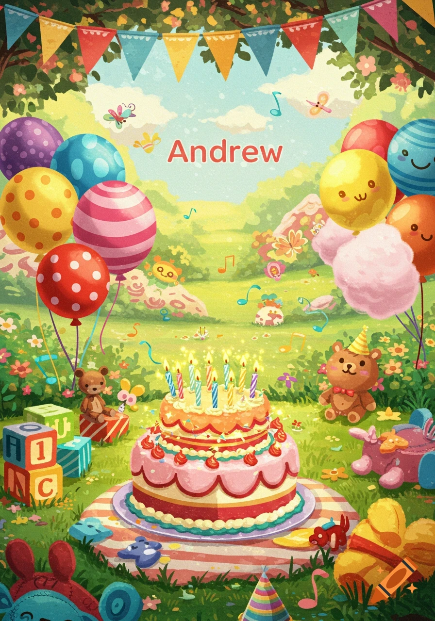 A whimsical illustration of a birthday party in a green field with a cake, lit candles, colorful balloons, and stuffed bears. The name Andrew is at the top.