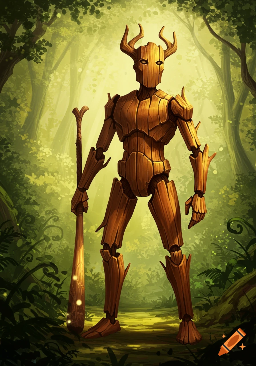 A stylized illustration of a humanoid figure made of wood, with small horns, standing in a lush green forest, holding a wooden club.