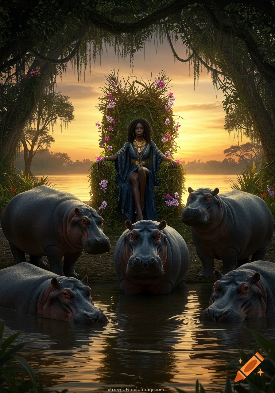 A dark-skinned woman on a vine throne surrounded by five hippos by a river at sunset, photorealistic style.