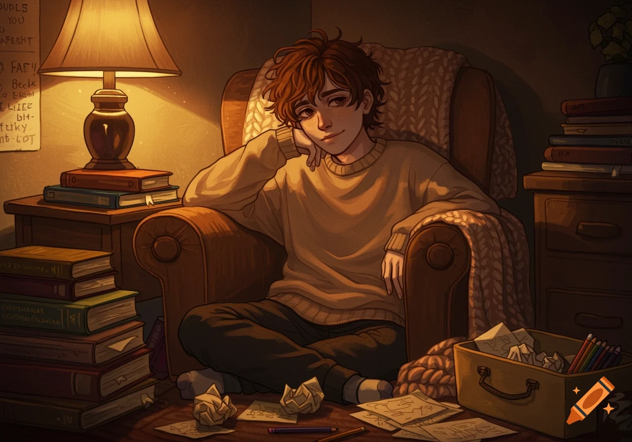 An illustration of a person with brown messy hair sitting in an armchair in a cozy, dimly lit room surrounded by books and papers.