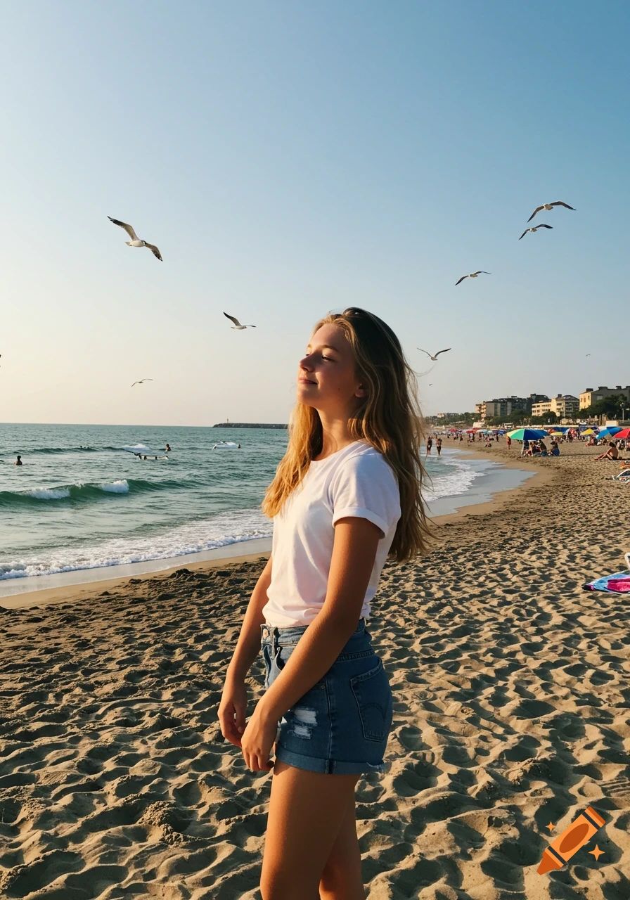 Young girl standing on a sunny beach with her eyes closed, facing the sun. Ocean and seagulls in the background.