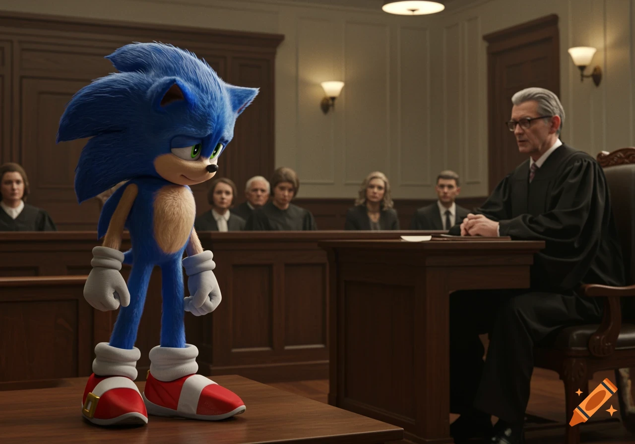 Sonic the Hedgehog stands in a solemn courtroom before a judge, with jury members in the background.