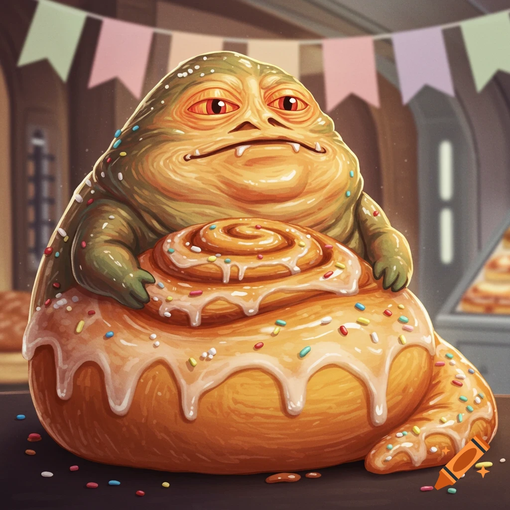 An illustrated Jabba the Hutt reimagined as a giant cinnamon roll with white icing and colorful sprinkles, in a cartoonish style.