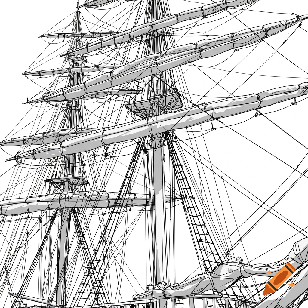 Detailed black and white line art illustration of a triple-masted sailing ship's rigging with rolled sails.