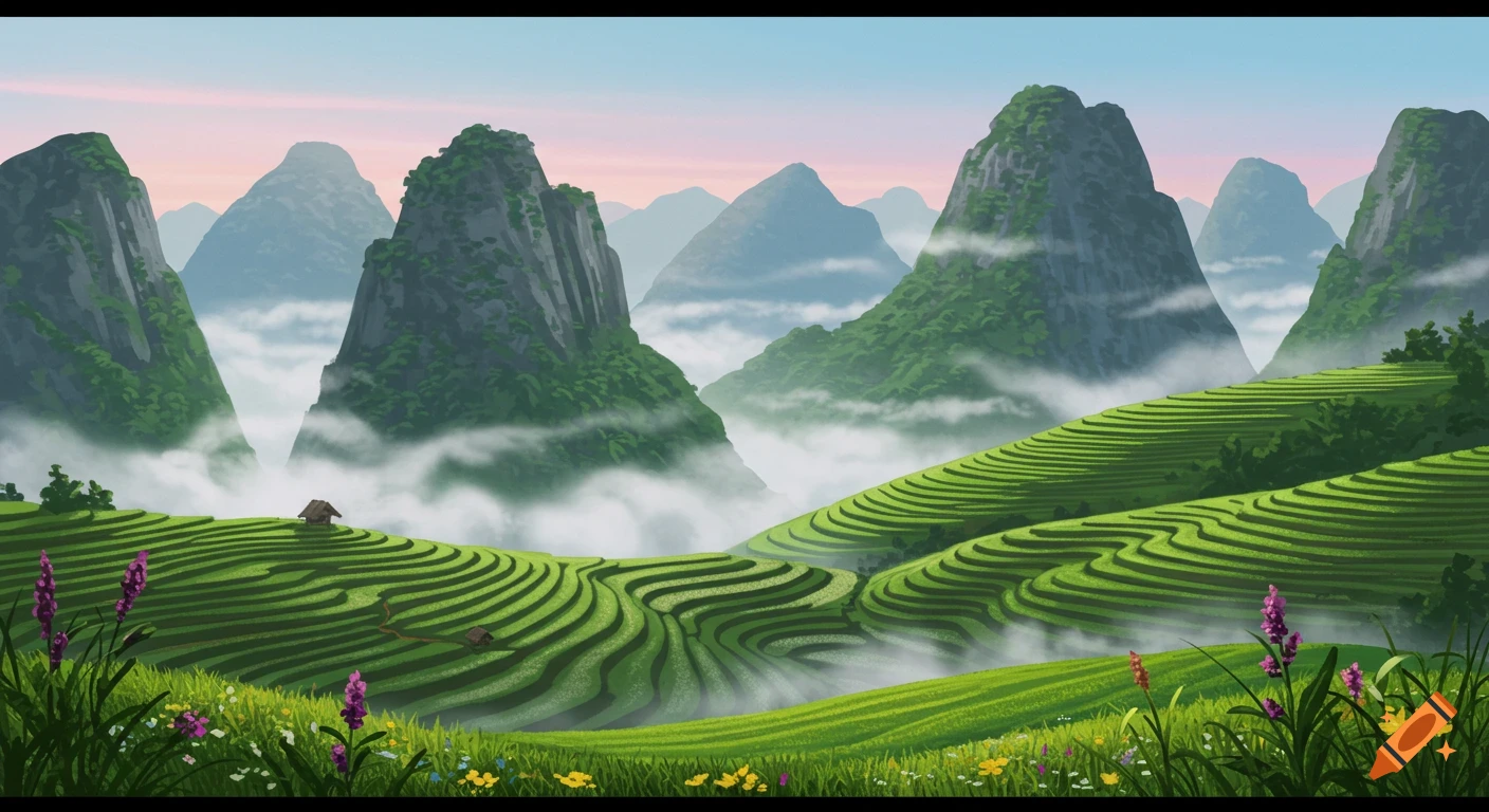 Illustrative landscape of misty mountains and vibrant green terraced rice fields under a soft sky.