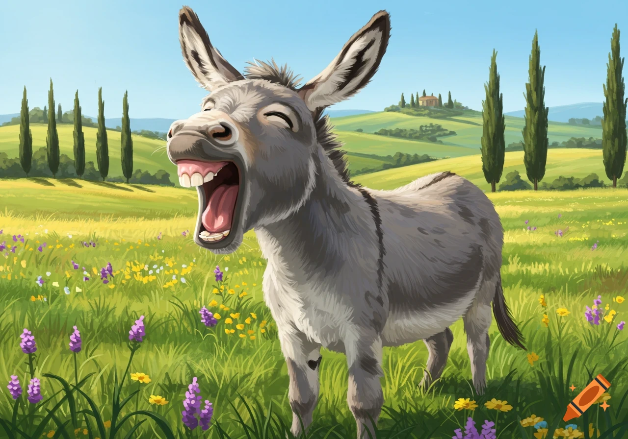 A cartoon donkey laughs with its mouth wide open in a sunny green field with purple and yellow flowers and cypress trees.