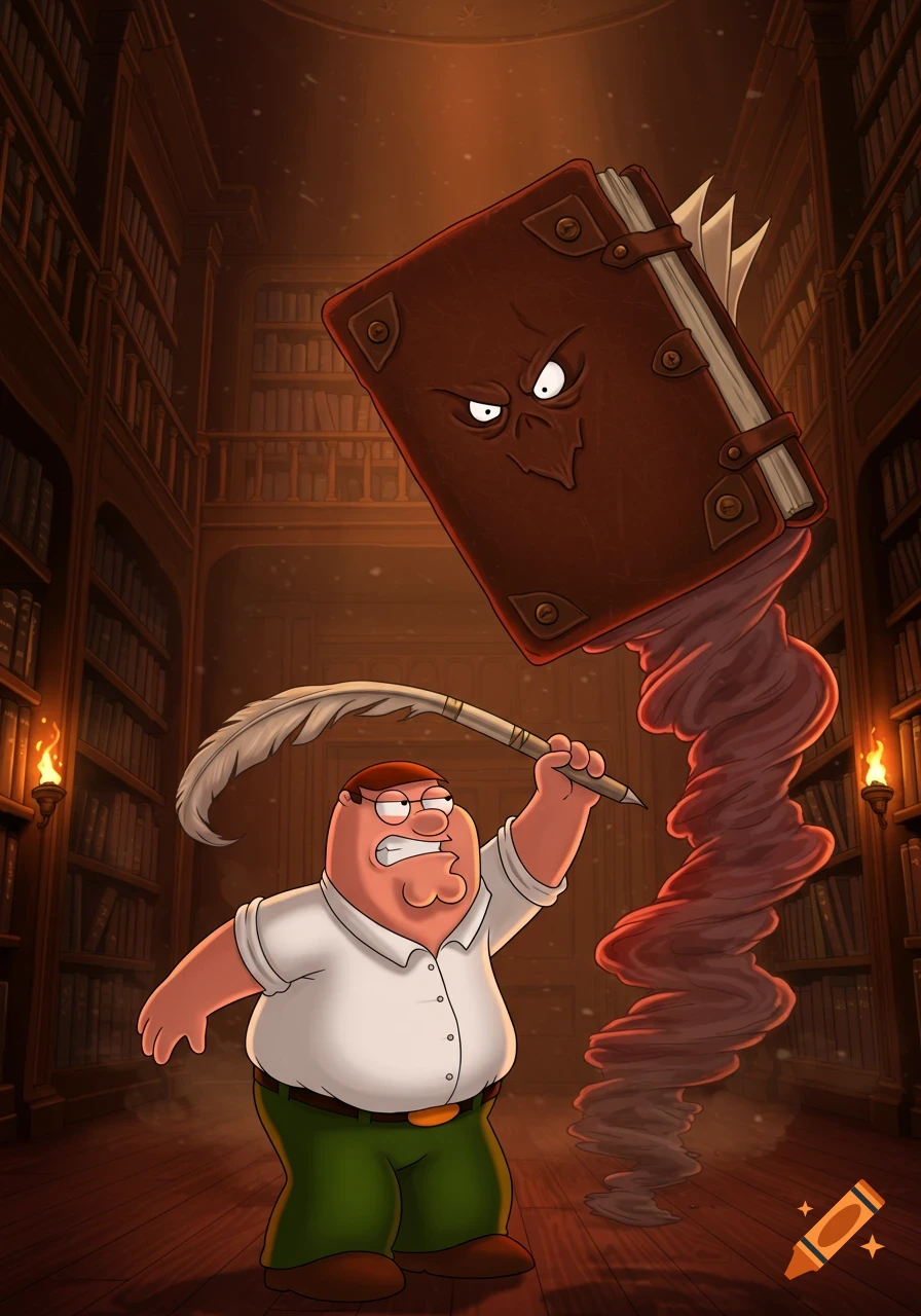 Peter Griffin, from Family Guy, fighting a giant angry book with a quill in a dimly lit library.