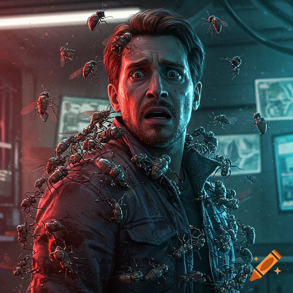 A man with a terrified expression is covered in and surrounded by metallic robot bugs, illuminated by red and blue light.