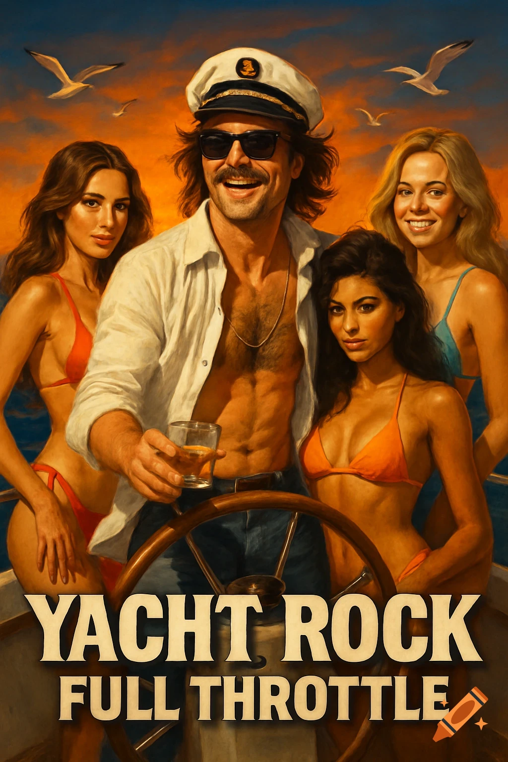 A man in a captain's hat and sunglasses holds a drink while standing at a yacht's wheel, surrounded by three women in bikinis. Text says 'Yacht Rock: Full Throttle'.