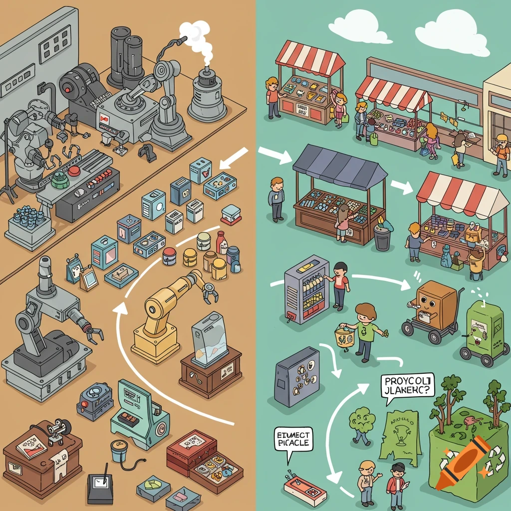 Cartoon illustration depicting a product life cycle, from factory production to market sale and eventual recycling.