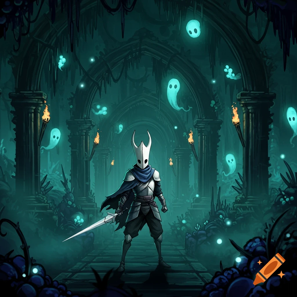 A knight holding a sword stands in a dark, ruined chamber filled with glowing blue ghosts and torches, in a stylized fantasy art style.