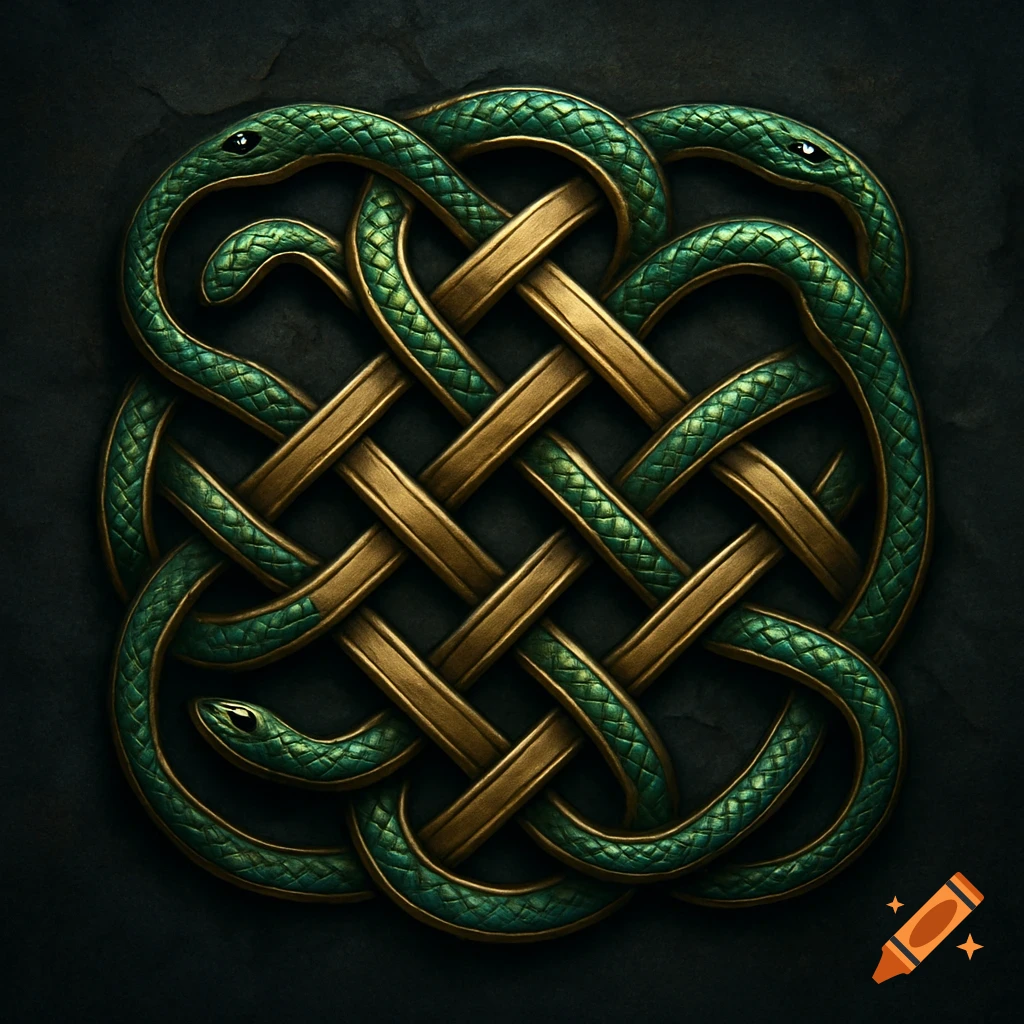 An intricate Celtic knot design formed by intertwining green snakes and golden bands on a dark background.