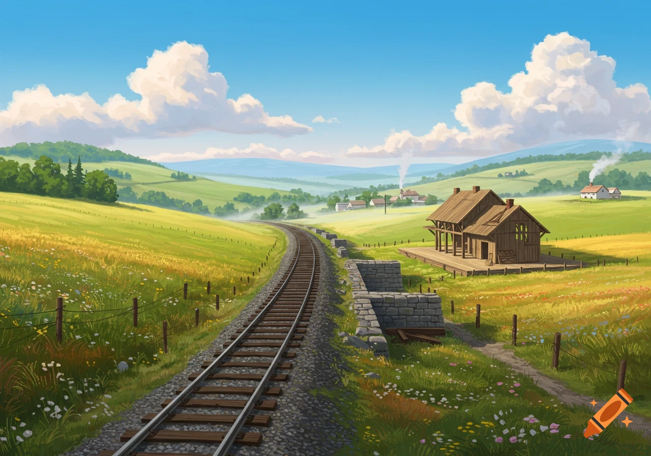 A stylized illustration of a railroad track in a green, hilly countryside with a wooden train station and town.