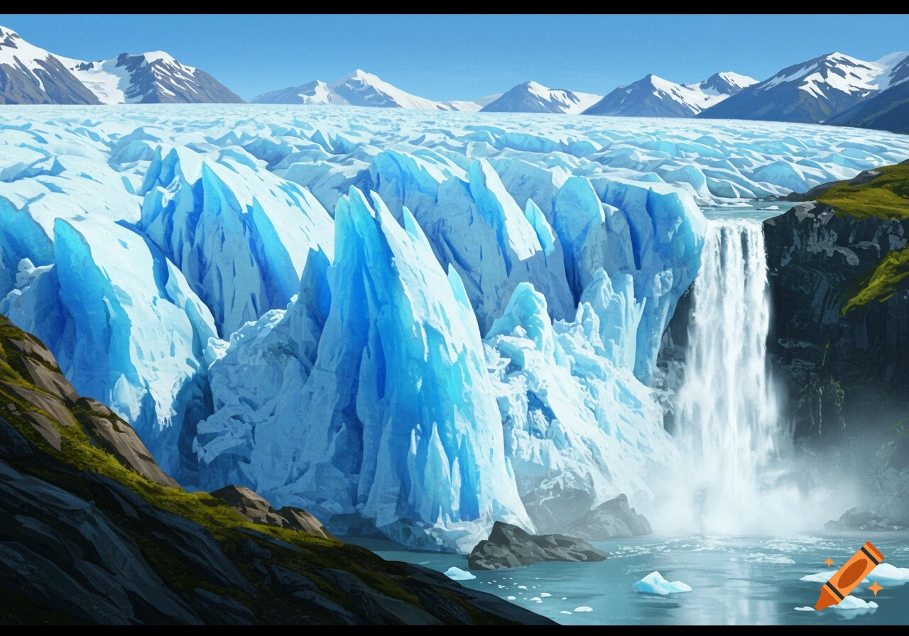 A vast glacier with striking blue ice formations and a large waterfall cascading on the right, set against snow-capped mountains.