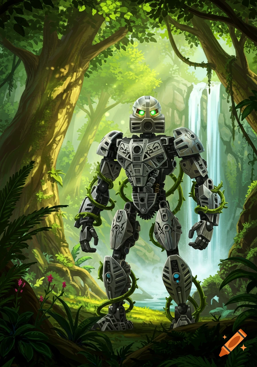 A grey robotic figure with glowing green eyes and green vines, stands in a lush jungle with a waterfall.