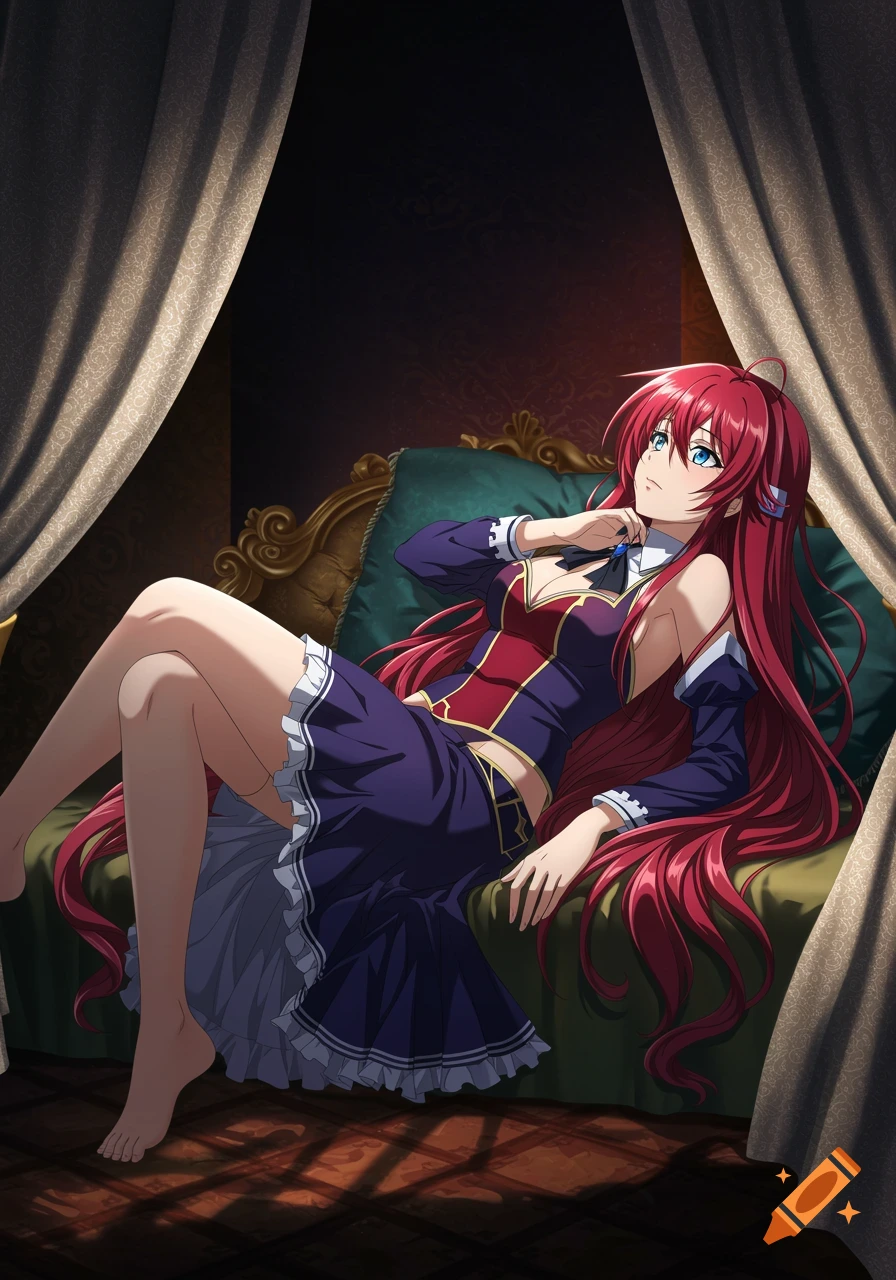 Anime character Rias Gremory with long red hair and blue eyes lounging on a bed in a dark room.