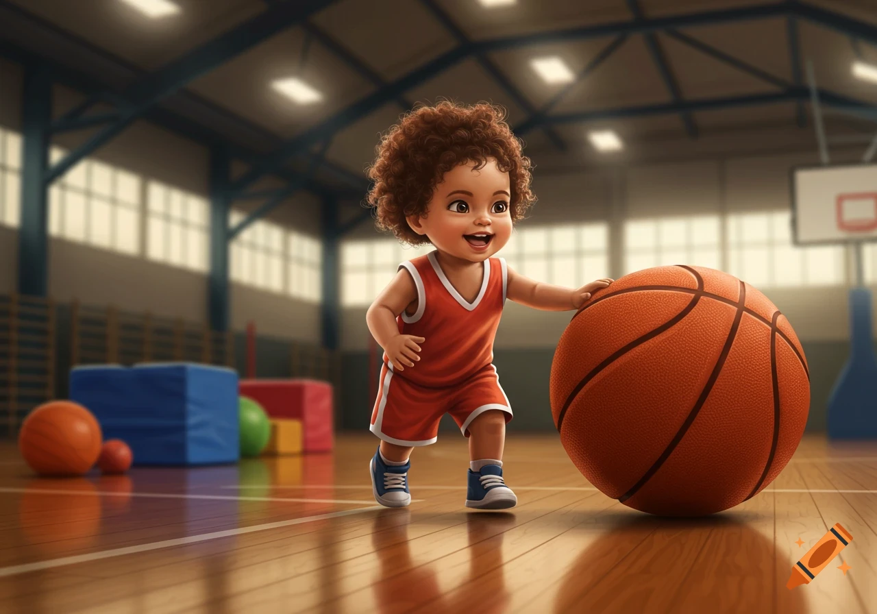 A cute, smiling baby with curly hair in a red basketball uniform pushes a large basketball on a polished gym court.