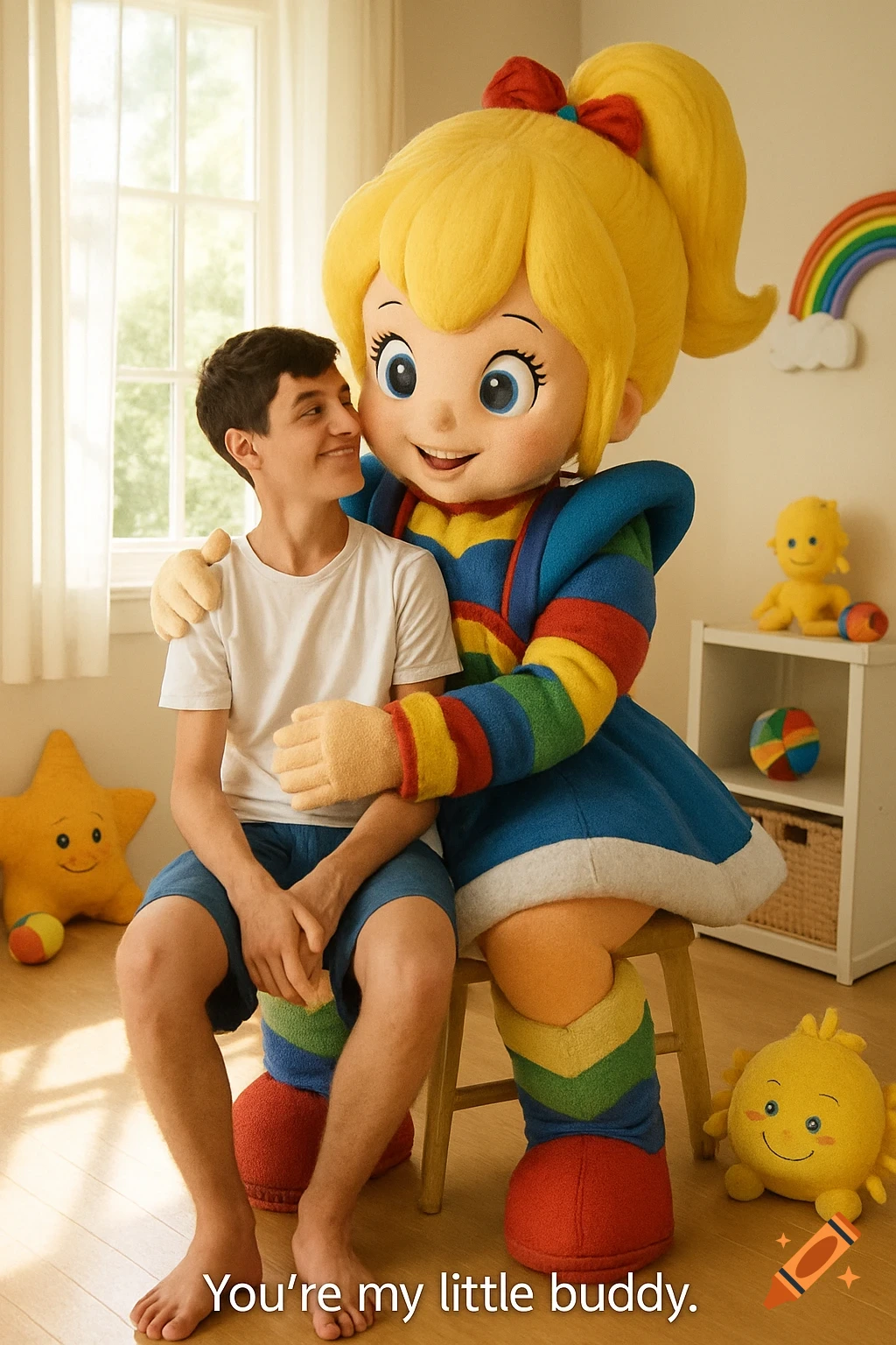 A boy sits on a large Rainbow Brite mascot's lap, who embraces him in a bright room.