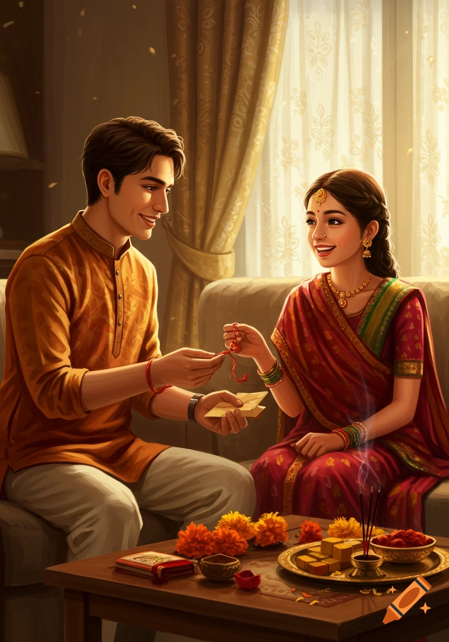 A man in an orange kurta gives a red thread Rakhi and money envelopes to a woman in a red saree, as they sit on a couch during a festive occasion.