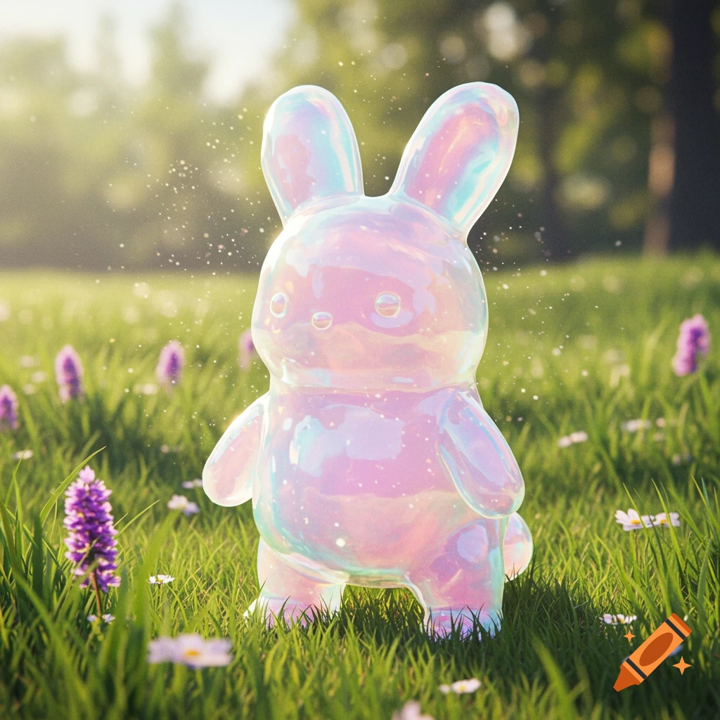 An iridescent, translucent rabbit-shaped creature stands in a sunny green field with sparkling light and small flowers.