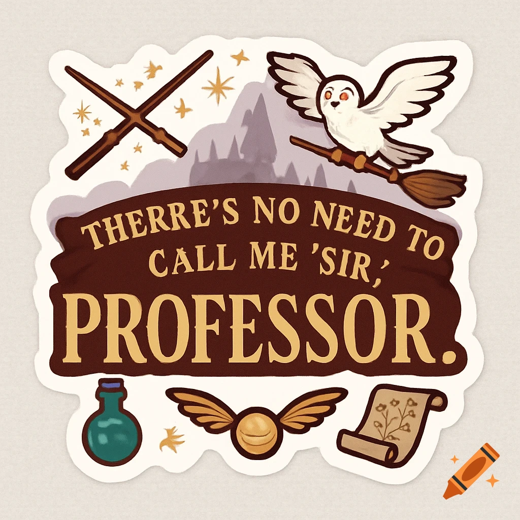 A Harry Potter-inspired sticker with the quote 'There R17;s no need to call me R16;sir, R16; Professor.' and magical elements.
