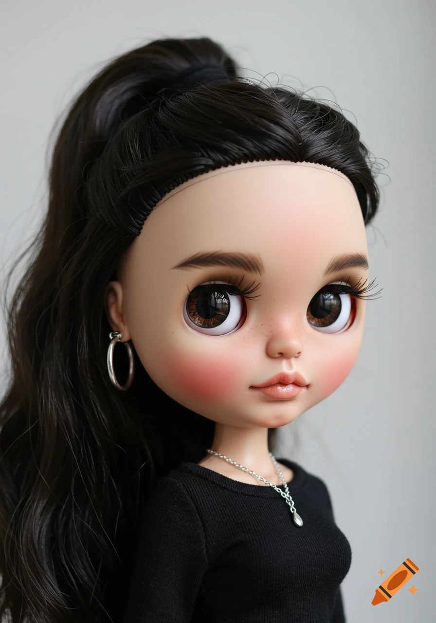 Close-up portrait of a Blythe doll with long dark hair in a ponytail, big brown eyes, rosy cheeks, wearing a black top, silver hoop earrings, and a teardrop necklace.