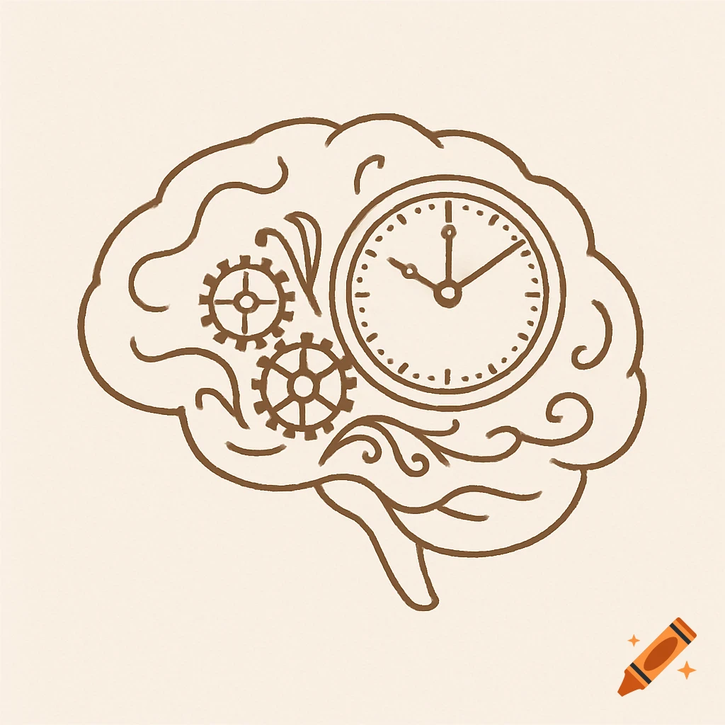 A simple hand-drawn illustration of a human brain containing a clock and gears on a light background.