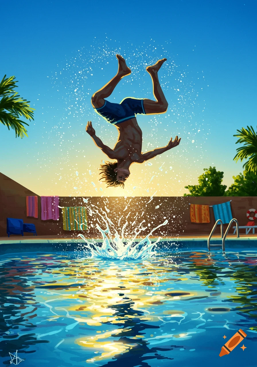 A person backflipping into a bright blue swimming pool, creating a large splash, under a clear sunny sky. Digital painting style.