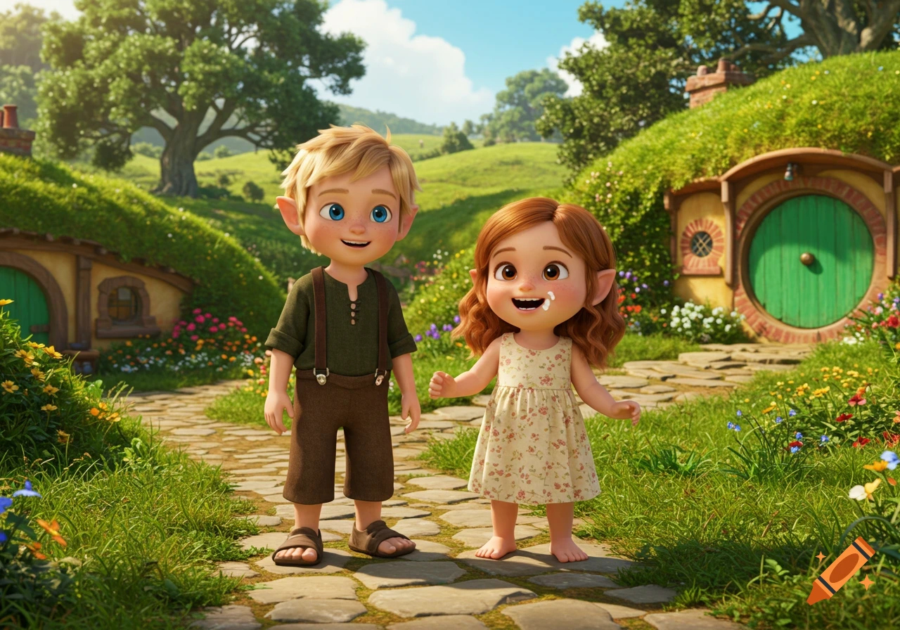 Two cheerful cartoon hobbit children, a boy and a girl, stand on a stone path in a sunny, green Shire landscape with hobbit holes.