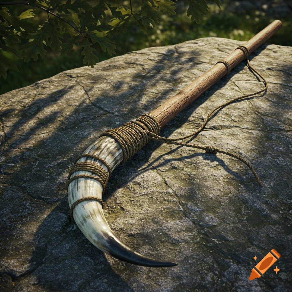A photorealistic detailed shot of an old spear with a wooden handle and a bull horn, tied with rope, resting on a rock.