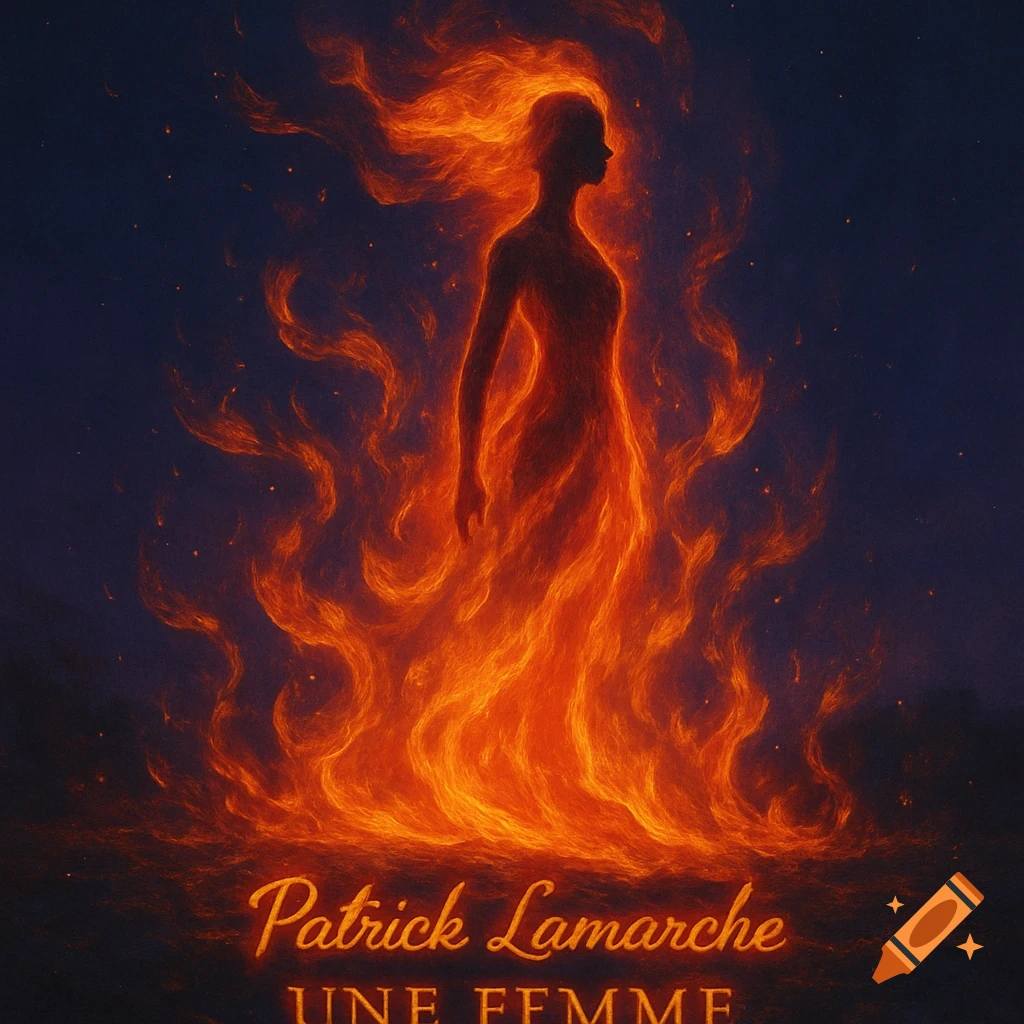 A fiery silhouette of a woman with long, flowing hair standing amidst flames, against a dark blue background, with text 'Patrick Lamarche' and 'UNE FEMME' at the bottom.