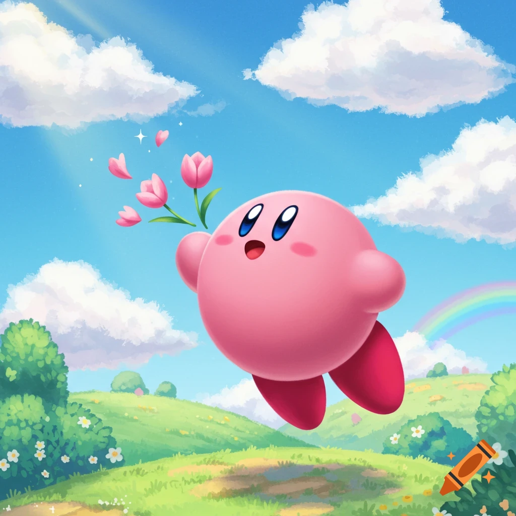 Kirby flies through a bright blue sky with clouds, holding pink tulips. A rainbow arches in the background over green hills and bushes with small white flowers.