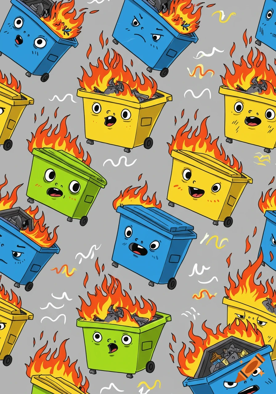 A whimsical repeating pattern of cartoon dumpster fires in blue, yellow, and green, with expressive faces, on a gray background.
