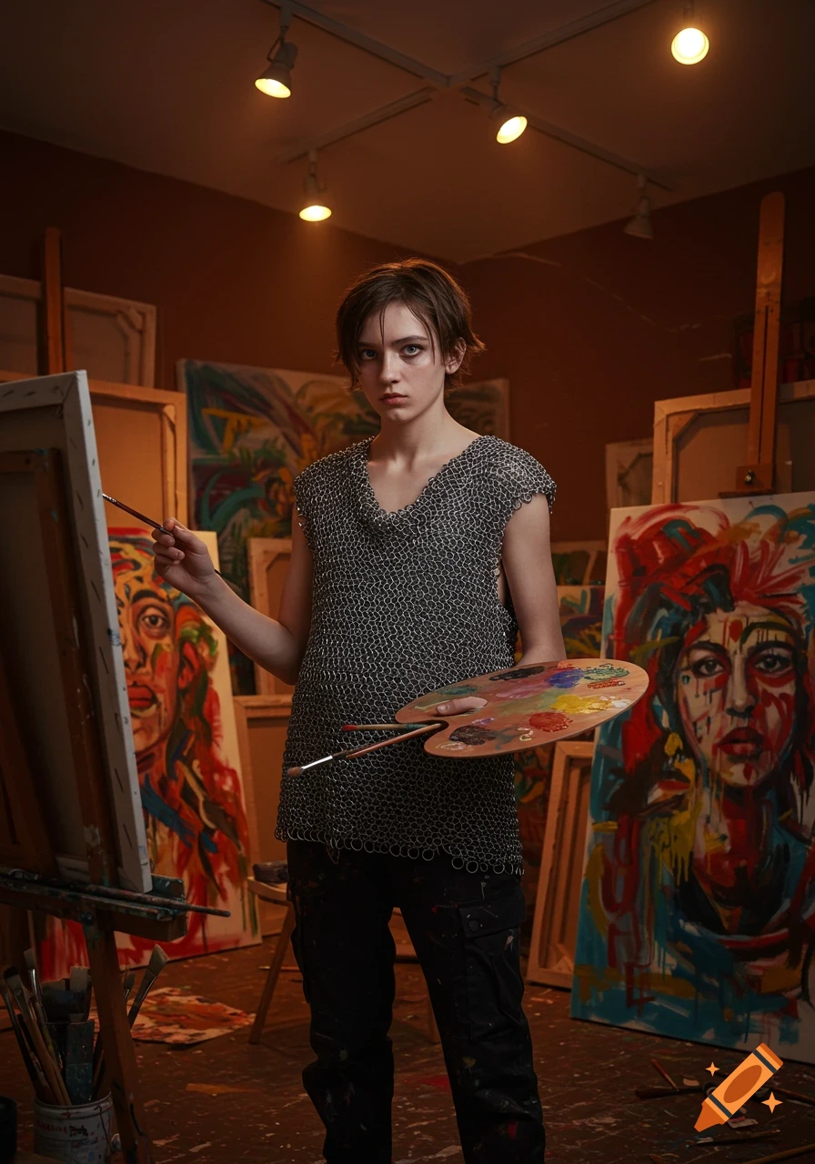 A young person wearing chainmail paints on an easel in a dimly lit art studio, surrounded by vibrant abstract paintings.