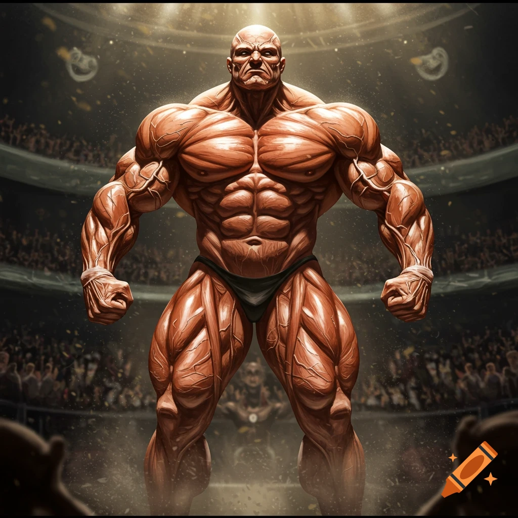 An extremely muscular, bald bodybuilder poses on stage under spotlights in a packed arena.