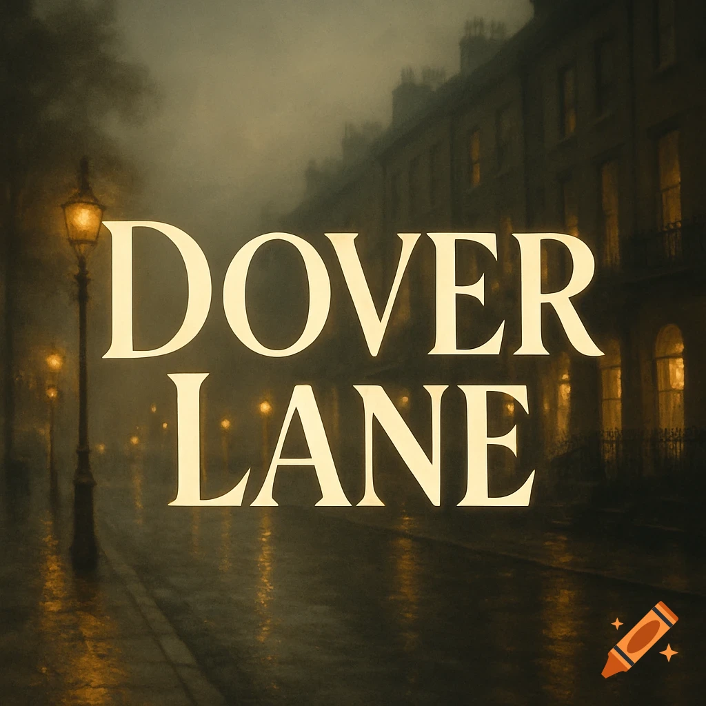 A foggy street at dusk with gas lamps illuminating a wet pavement and old buildings. The words "DOVER LANE" are prominently displayed in the foreground.