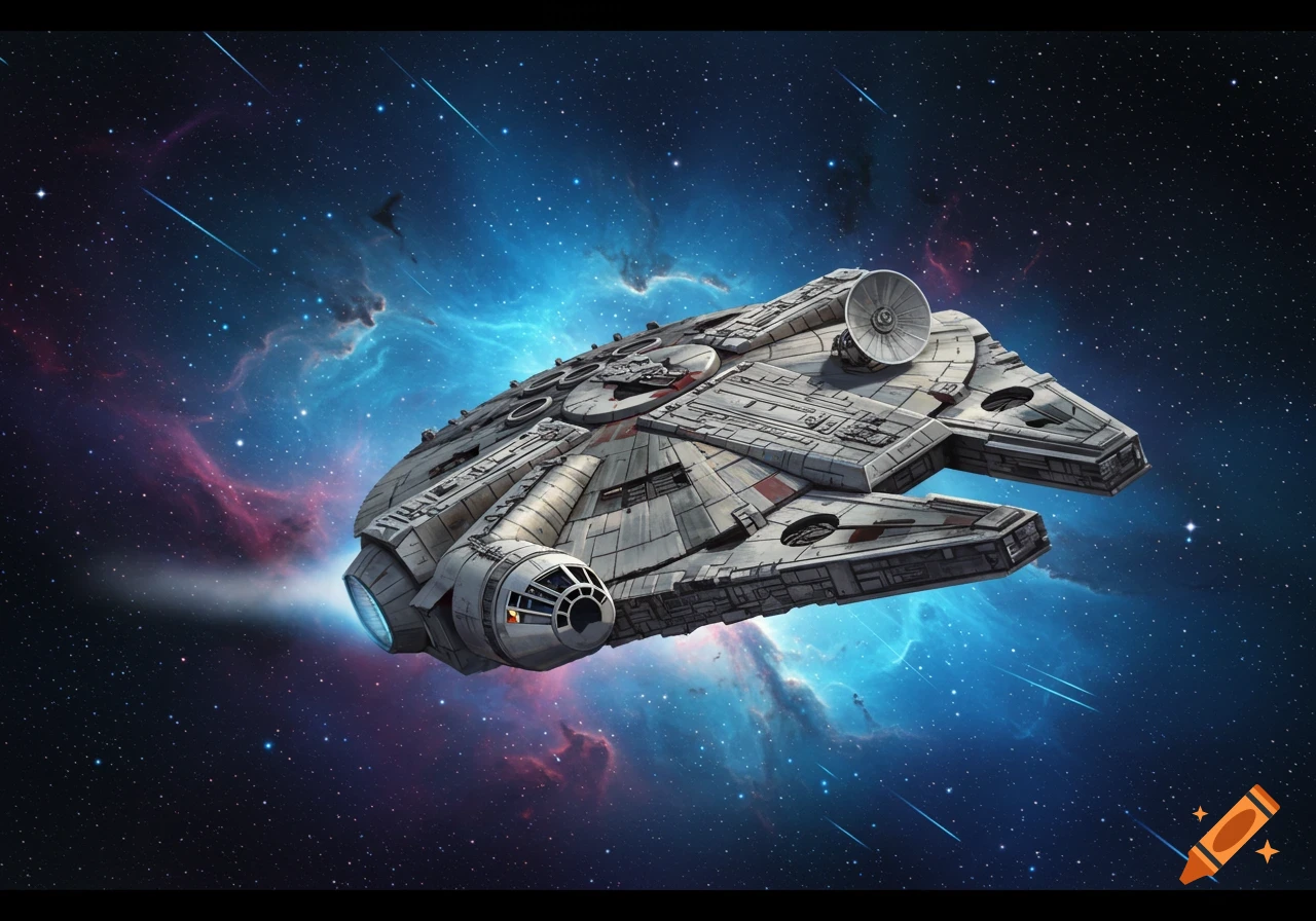 A detailed illustration of the Millennium Falcon spaceship flying through a vibrant blue and purple nebula in outer space.