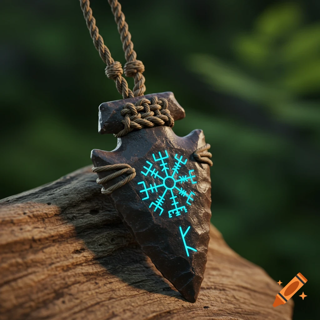 A photorealistic image of a dark stone arrowhead pendant with glowing blue Norse-style runes, bound by a rope, resting on wood.