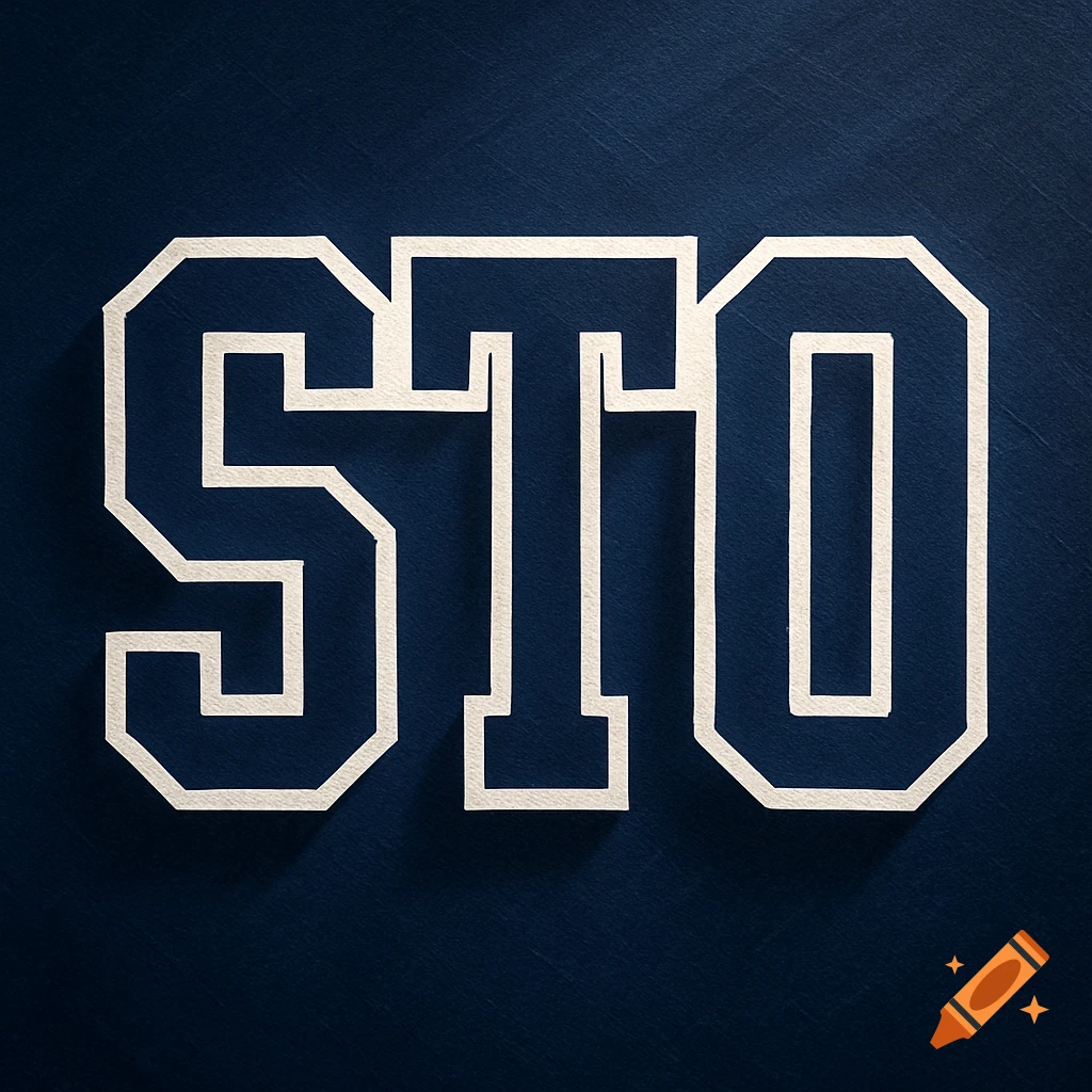 The letters STO in a white, outlined stencil font against a textured dark blue background.