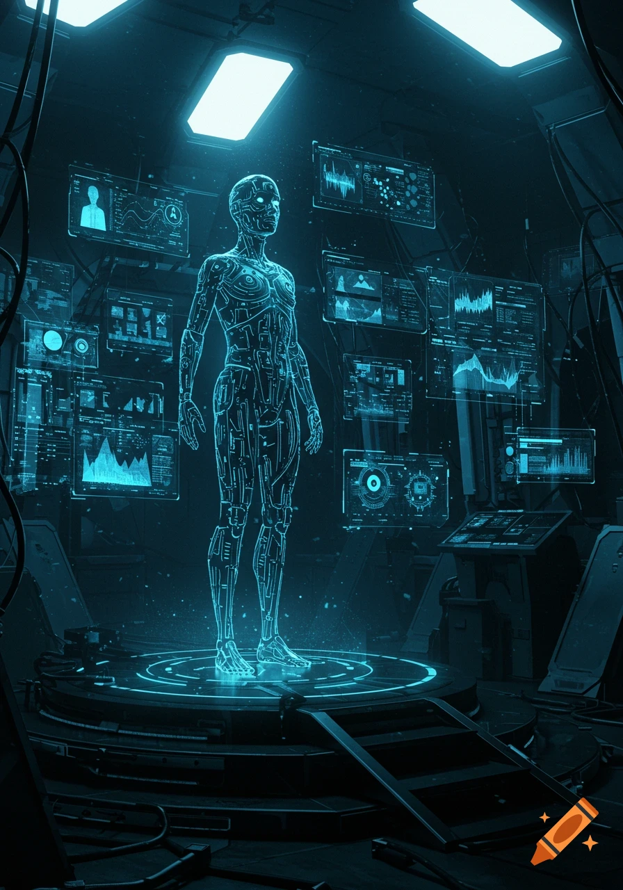 A glowing, translucent circuit figure stands on a platform in a futuristic dark lab with blue holographic data screens.