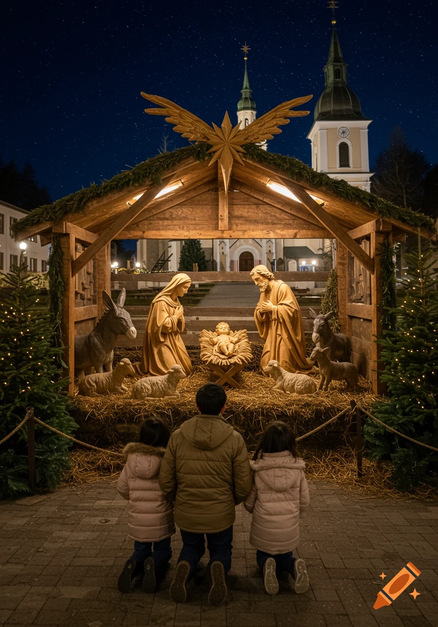 Children kneel before an illuminated outdoor nativity scene with wooden statues of the Holy Family under a starry night sky, with churches in the background.