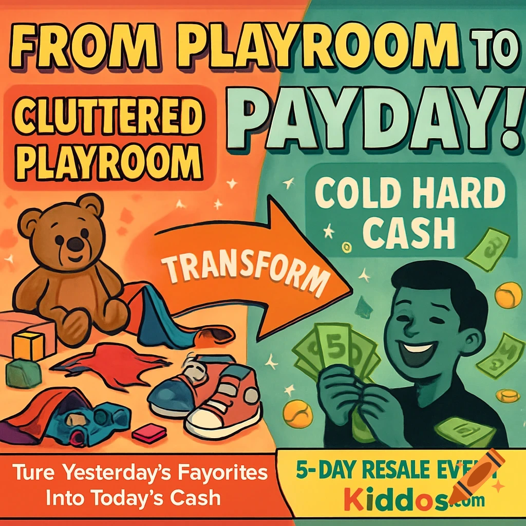 A cartoon advertisement showing a cluttered playroom on the left with a teddy bear and toys, transforming into a smiling person holding cash on the right, with text about a resale event.