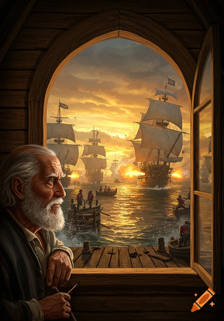 An old man looks out an arch window at a dramatic sunset naval battle with sailing ships firing cannons, in an oil painting style.