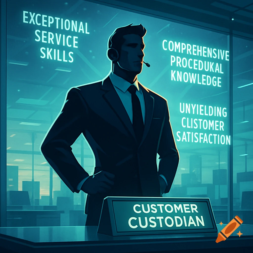 An illustrated man in a suit with a headset stands behind a desk, glowing text behind him lists "EXCEPTIONAL SERVICE SKILLS," "COMPREHENSIVE PROCEDUKAL KNOWLEDGE," and "UNYIELDING CLISTOMER SATISFACTION." A nameplate on the desk reads "CUSTOMER CUSTODIAN."