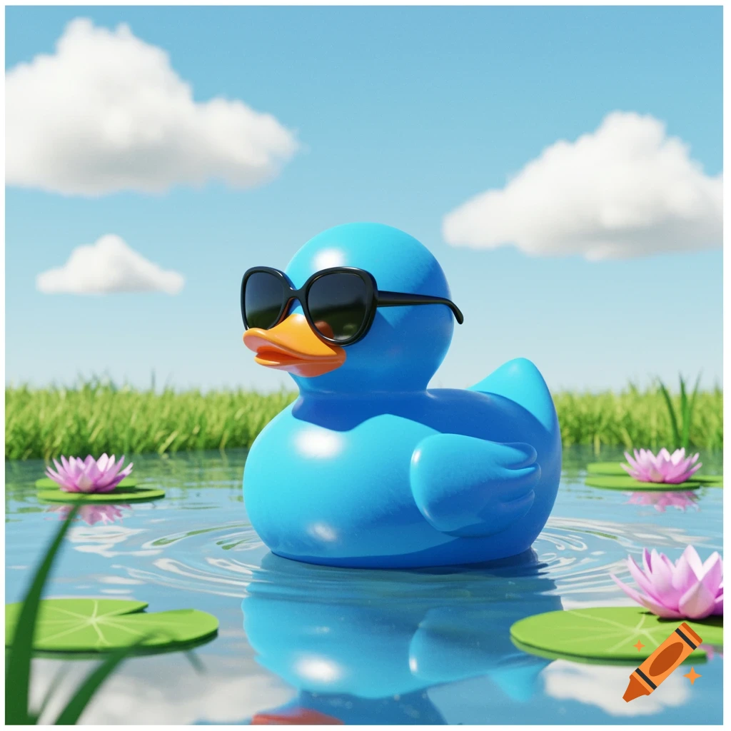 A blue rubber duck with black sunglasses floats in water amidst pink water lilies, under a clear blue sky.