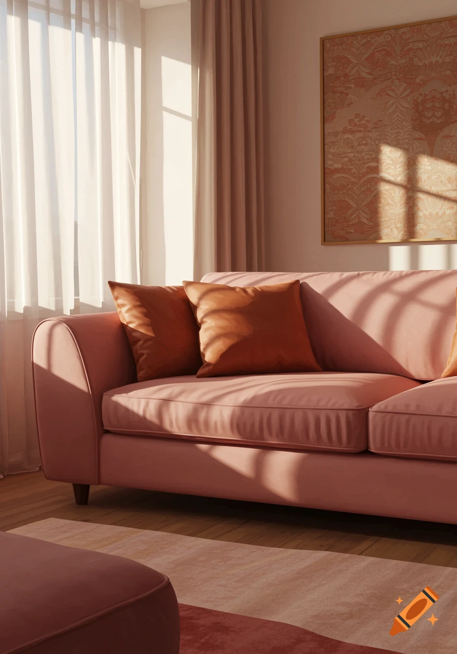 A photorealistic image of a dusky pink sofa with terracotta cushions bathed in sunlight from a window, in a cozy living room.