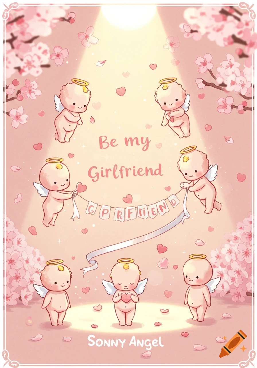 Cute illustration of Sonny Angels, cherry blossoms, and hearts on a pink background, with the text 'Be my Girlfriend' and 'Sonny Angel'.
