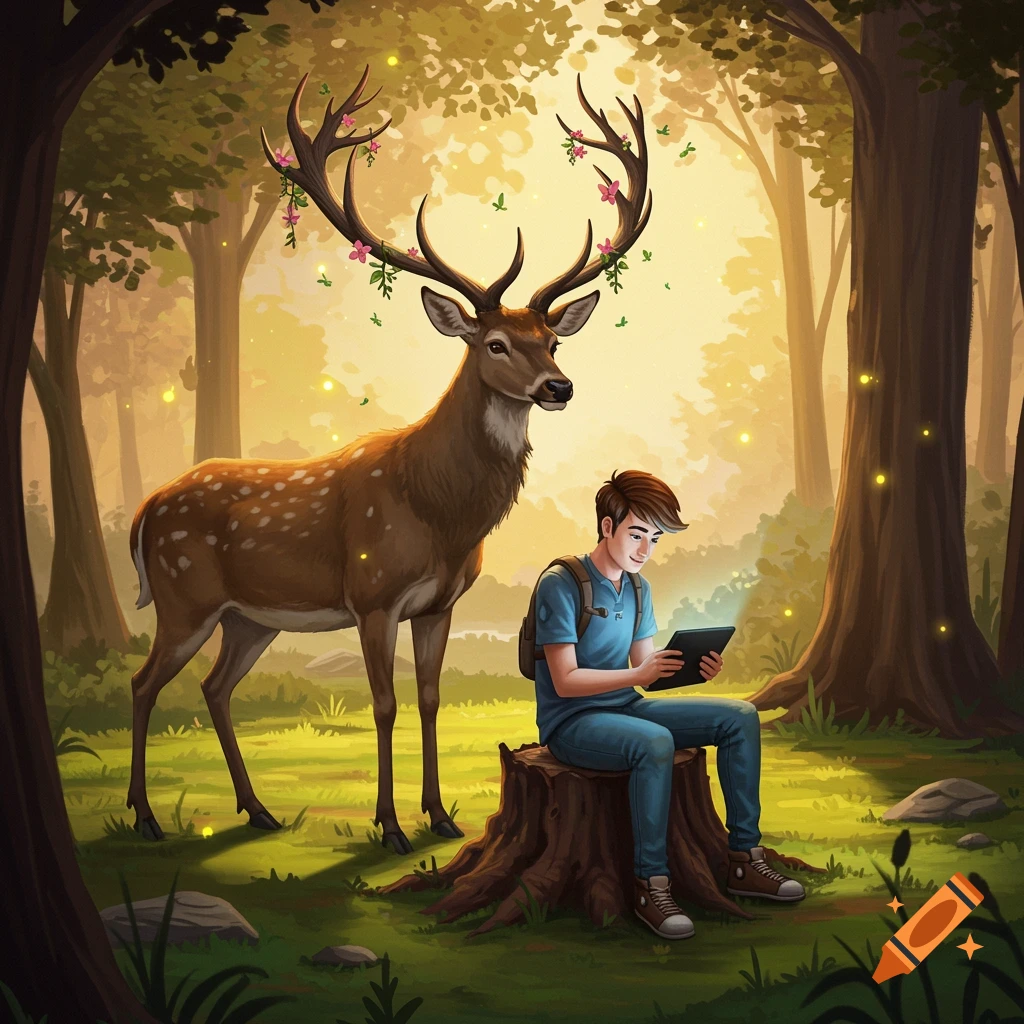 A man sits on a stump looking at a tablet next to a deer with flowered antlers in a glowing, enchanted forest.